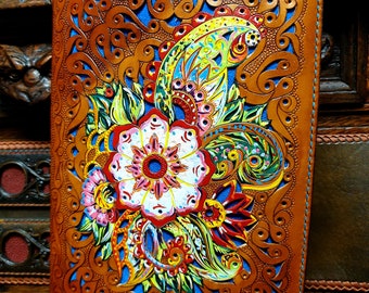 Leather Journal Cover, Hand Carved Leather Cover, Personalized Gift, Floral Carved Cover, A5 Notebook Cover, Custom Leather Planner Cover