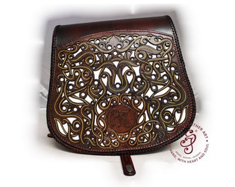 Tooled Leather Purse, Full Grain Leather Saddle Bag, 3rd Anniversary Gift for Wife, Norse Mythology Cross Body Bag, Teacher Appreciatin Gift