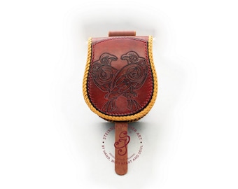 Tooled leather belt pouch, Carved fanny packs for men, sporran leather belt bag with raven bird, Tooled leather bum bag, leather hip bag