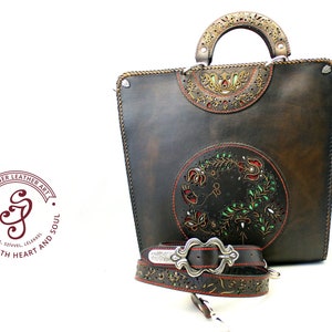 Leather bag women, detachable strap shoulder handbag,  premium exclusive full grain leather with bohemian boho floral motif