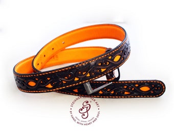 Aangepaste lederen riem, bewerkte leren riem, met de hand bewerkt bloemenpatroon, handgemaakt gepersonaliseerd cadeau, leren damesriem, leren riem