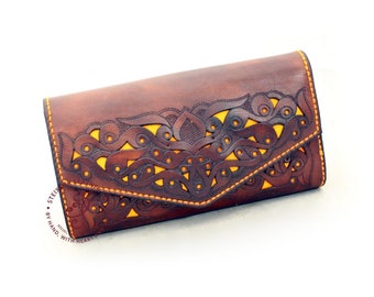 Hand Tooled Wallet, Full Grain Leather Pouch, Organizer Wallet, Artisan Accessories, Celtic Wallet, Girlfriend Gift, Hungarian Folk Art gift