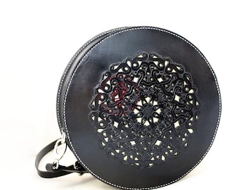 Round Full Grain Leather Womens Crossbody Bag with Mandala Design, Leather Shoulder Bag with Stingray Leather, Saddle Bag, Festival Bag