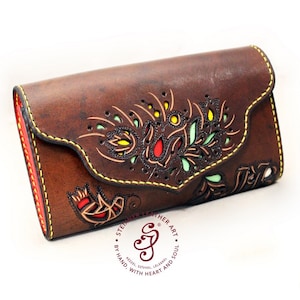 Handgesneden leren portemonnee, gepersonaliseerd etui, volnerf leren portemonnee, Hongaarse volkskunst, ambachtelijke portemonnee, handgemaakt leren etui