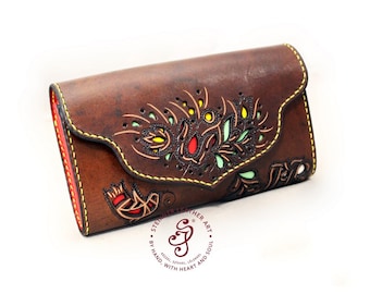 Hand Carved Leather Wallet, Personalized Pouch, Full Grain