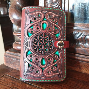 Met de hand bewerkte leren portemonnee, zakje met bloem des levens, Handmande Seed of Life-portemonnee, volnerf lederen accessoires, aangepaste bruidsjonkers cadeau