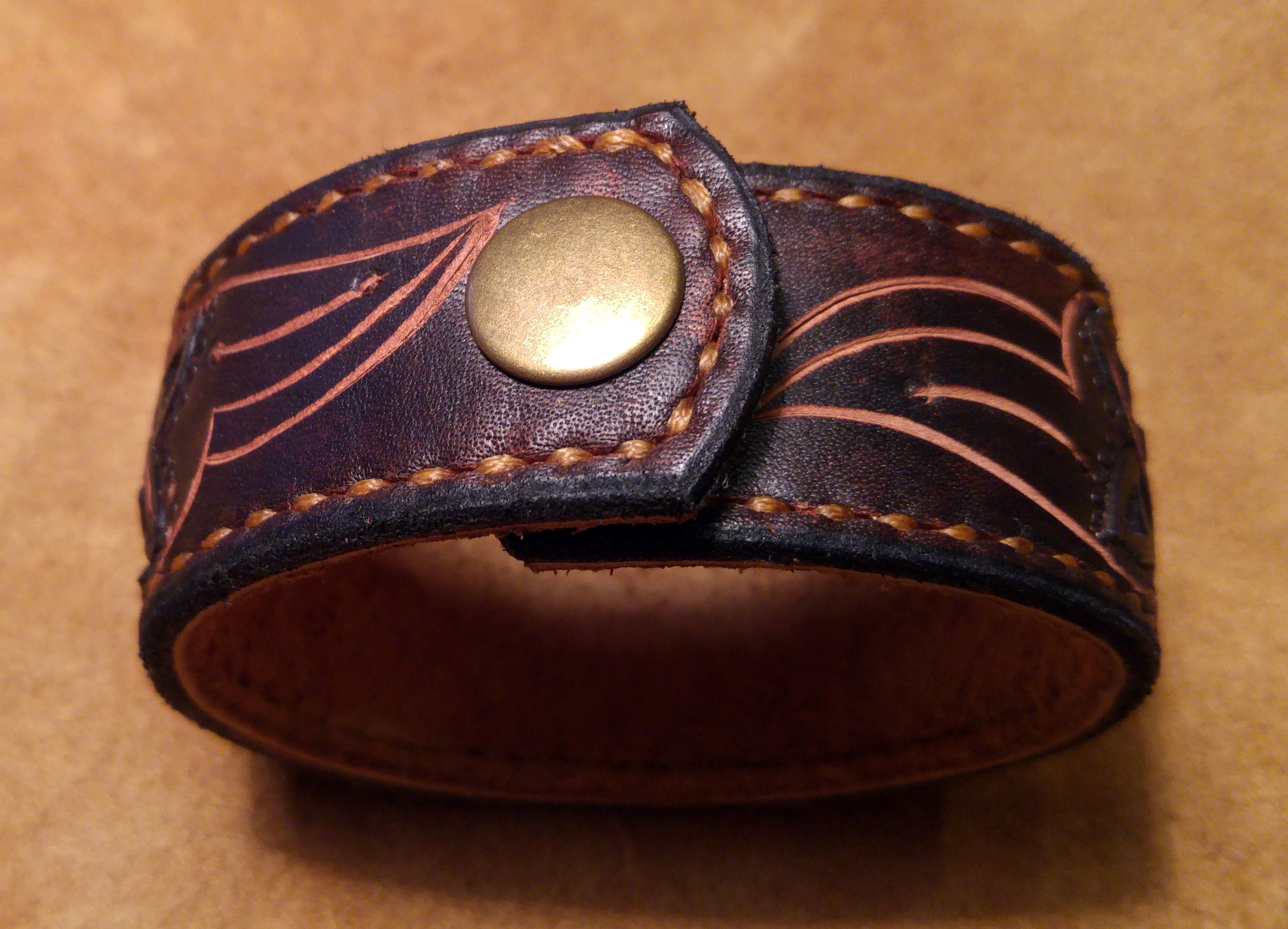 Hand Tooled Leather Bracelet, Engraved Leather Cuff Bracelet