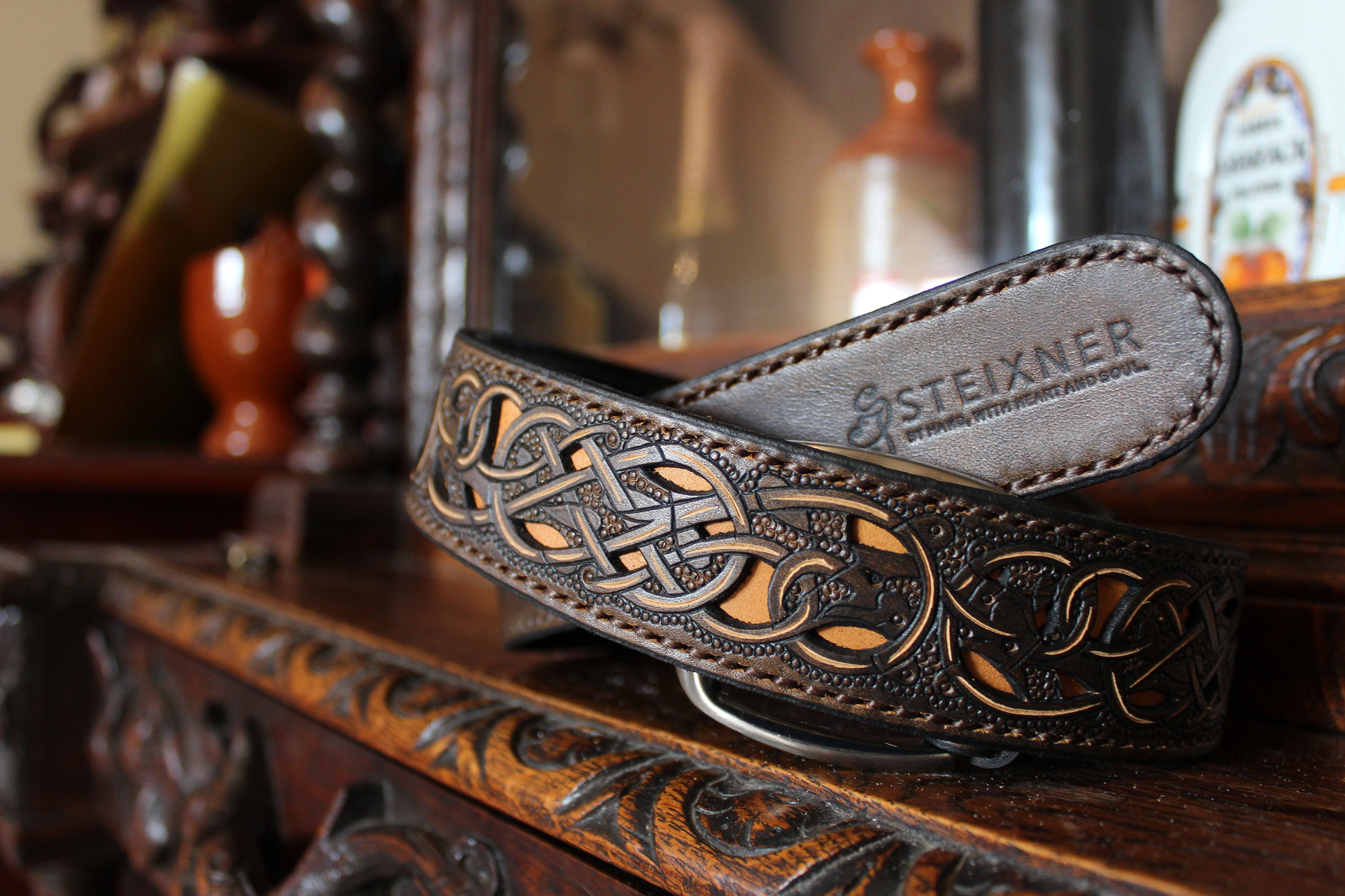 mens tooled leather belt