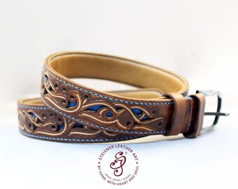 Ceinture en cuir bohème | Belle ceinture en cuir pleine fleur fabriquée à la main au Canada | Ceinture décorative, abstraite, bohème, cadeau pour lui cadeau pour elle