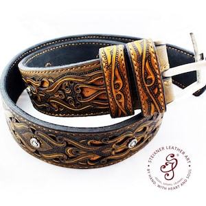 Handmade Leather Belt For Gift/ Engraved UNIQUE Leather Belt with Silvered Belt Buckle