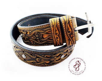 Handmade Leather Belt For Gift/ Engraved UNIQUE Leather Belt with Silvered Belt Buckle