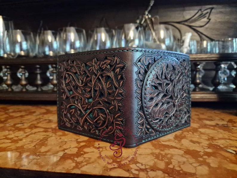 Leather Tree of Life Wallet, Norse Mythology Engraved Wallet, Tooled Leather 3rd Anniversary Gift, Celebration of Life Nature Lover Gift image 3