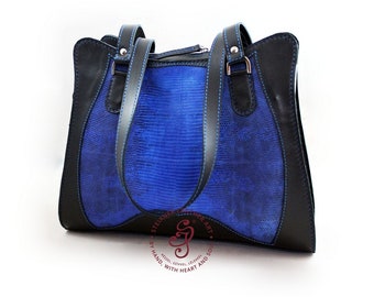 Blue Hand Tooled Leather Shoulder Bag, Unique Birthday gift for wife, Handmade Women's Leather Handbag From Snake Leather