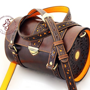 Hand carved barrel bag, Full Grain leather cylinder bag for women, Luxury leather satchel for women, Unique 30th birthday gift for her