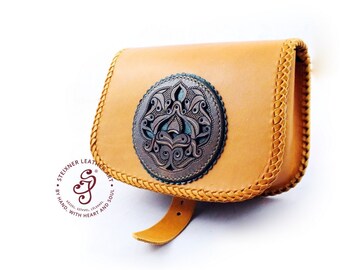 Yellow leather belt pouch, Adventurer's Tooled Leather bag, Small Leather Phone Pouch with carved viking shield ornaments, Best friend gifts