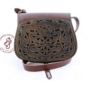 Tooled Leather Shoulder Bag, Tree of Life Geniune Leather Crossbody Bag, Norse Mythology Yggdrasil Saddle Bag for Her, 3rd Anniversary Gift