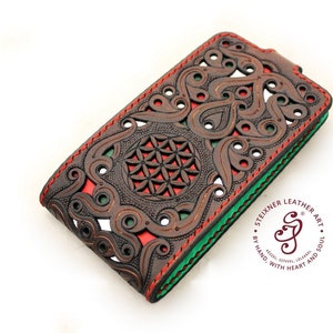 Hand Tooled Iphone Samsung Case With Flower Of Life Motive, Full Grain Leather Gift, Custom Gift For Fathers Day