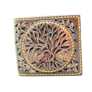 Cartera de cuero con el árbol de la vida, cartera con grabado de mitología nórdica, regalo de cuero repujado para el tercer aniversario, regalo para amantes de la naturaleza y la celebración de la vida