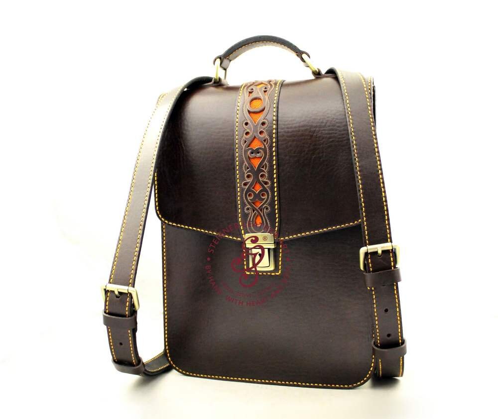 Full Grain Leather Convertible Backpack With Orange Stingray  display picture 2