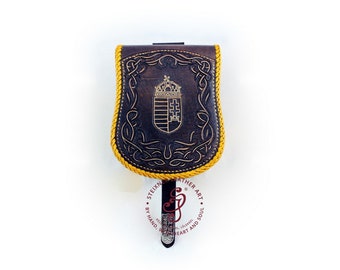 CUSTOM Brown Leather Pouch with Hungarian Crest, Belt Bag Pouch slavic silver replica Magyar, Karos Hungary