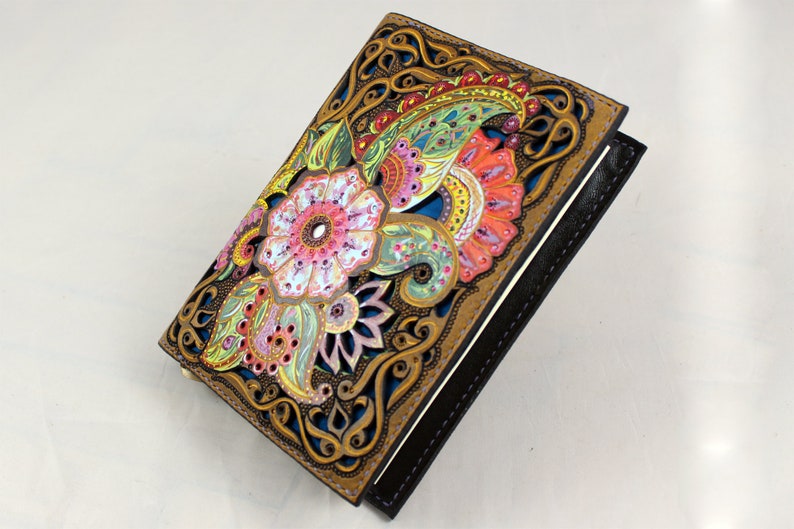 Leather Journal Cover, Floral Notebook Cover, Had Tooled Leather, Personalized Gift, Flower Sketchbook Cover, Anniversary Gift, Travelers image 3