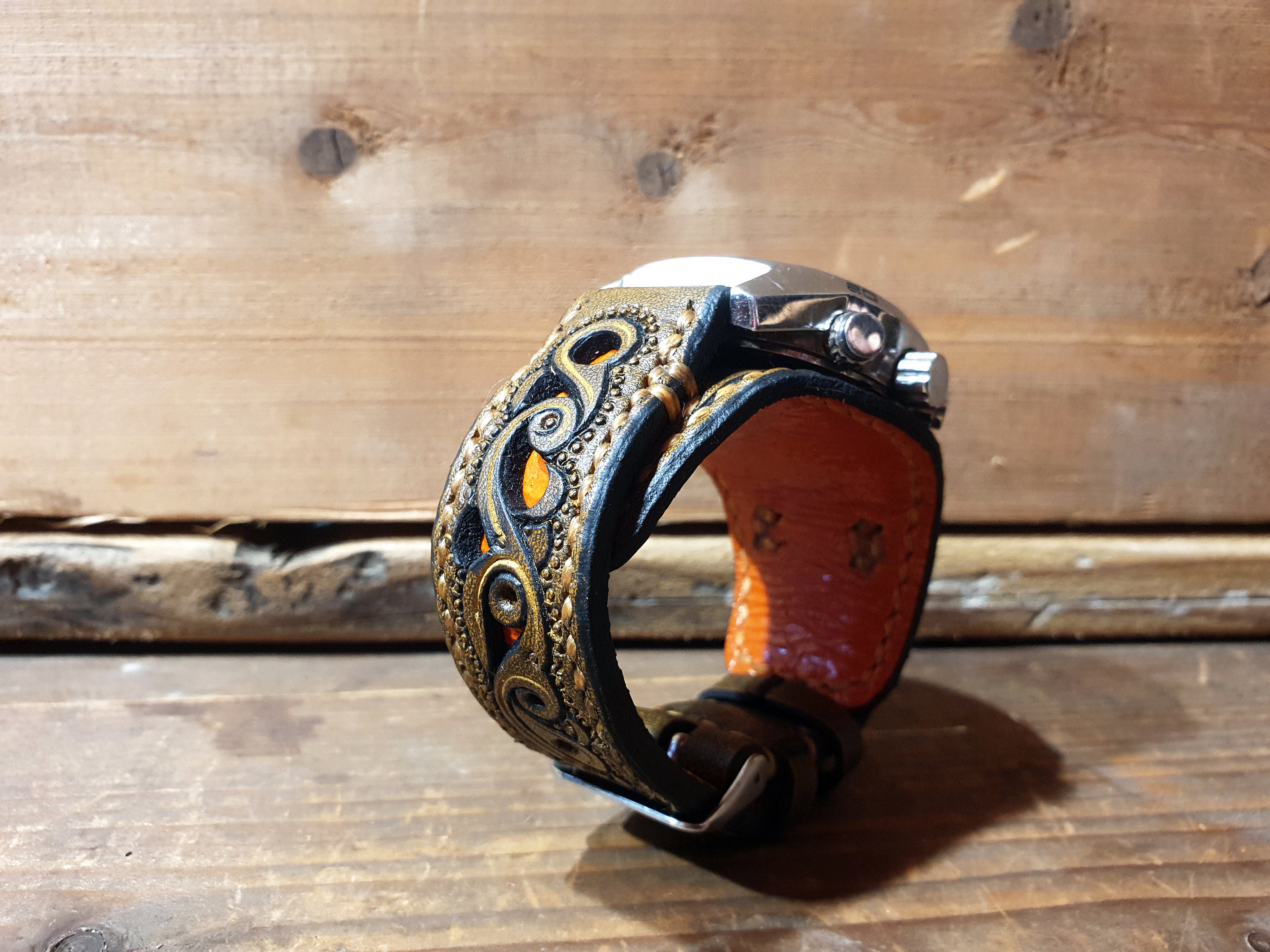 Hand Tooled Leather Watch Band, Vintage Style Watch Strap