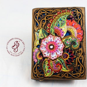 Personalized leather journal cover, hand tooled floral spiritual book wrap