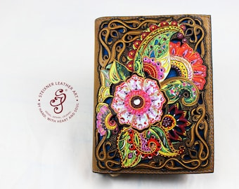 Personalized leather journal cover, hand tooled floral spiritual book wrap