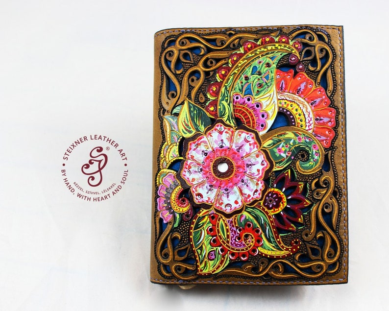 Leather Journal Cover, Floral Notebook Cover, Had Tooled Leather, Personalized Gift, Flower Sketchbook Cover, Anniversary Gift, Travelers image 1