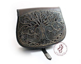 Genuine Leather Shoulder Bag, Hand Tooled Full Grain Leather Cross Body Purse, Tree of Life Leather Clutch, Luxury 3rd Anniversary Gift