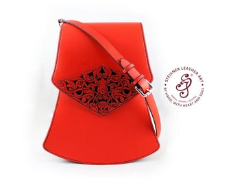 Handmade Red Tote Bag, Luxury hand tooled Women's Leather Bag or Shoulder Purse, Unique Red Leather Crossbody Bag, Genuine Leather Purse