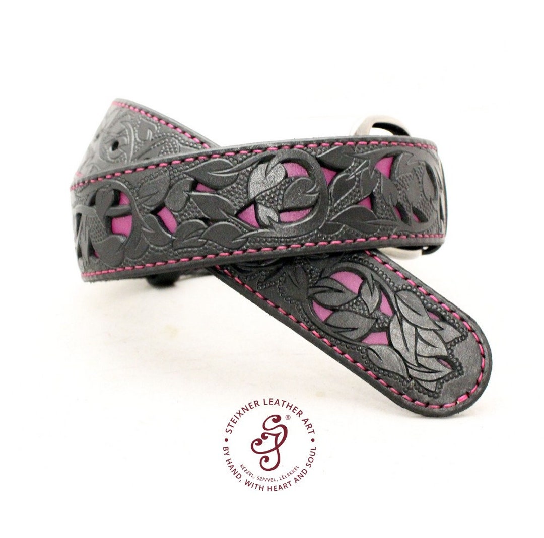 Personalized Hand Carved Leather Pink Belt, Custom Womens