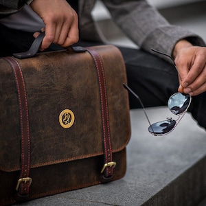 Full Grain Hand Tooled Leather Messenger bag with Detachable Shoulder Straps, Leather Briefcase for Men