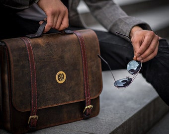 Full Grain Hand Tooled Leather Messenger bag with Detachable Shoulder Straps, Leather Briefcase for Men