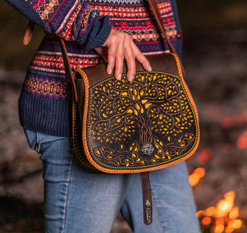 Celtic Tree of Life Full Grain Leather Bag, Norse Mythology Tooled Leather bag, Celebration of Life, Leather Anniversary Gift, Festival Bag image 1