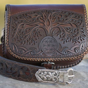 Tree of Life Tooled Full Grain Leather Belt Bag with Belt, Leather Anniversary Gift for Him, Norse Mythology Leather Belt and Belt Bag