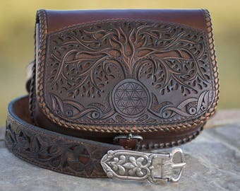 Tree of Life Tooled Full Grain Leather Belt Bag with Belt, Leather Anniversary Gift for Him, Norse Mythology Leather Belt and Belt Bag