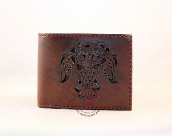 Carved Leather Travel wallet with TURUL Hand tooled engraved wallet, business card holder, personalized celtic wallet, Slim engraved wallet