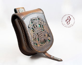 Small medieval leather bag, Sporran fanny pack with Turul Bird Motif with buckle and belt loops, Hand cut and pierced Hungarian tarsoly