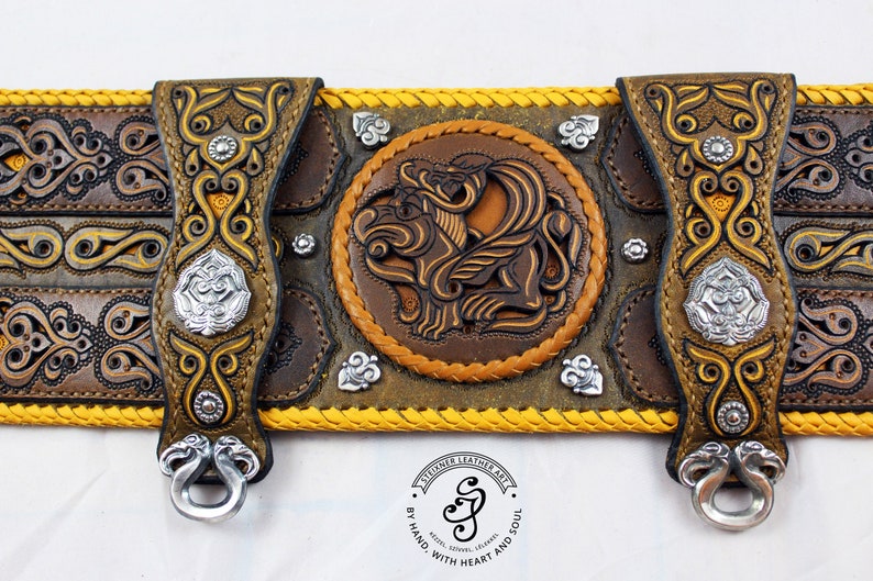 Leather Wide Belt, Medieval Leather Belt, LARP Accessories, Viking Belt, Hand Tooled Leather Belt, Celtic Outfit, Nordic Belt, SCA Costume image 2