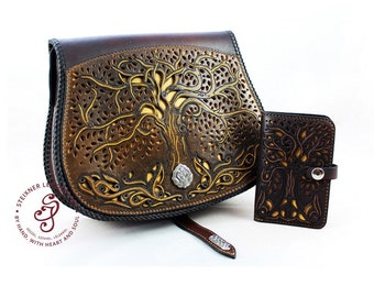 Leather Cross Body Bag and Wallet, Handmade Engraved Leather Shoulder Bag and Matching Leather Purse As Gift For Her, celtic tree of life