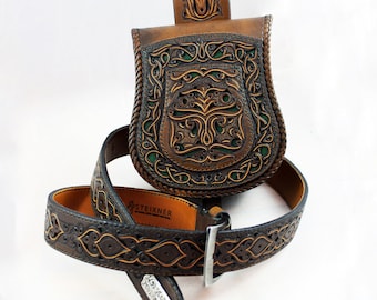 Tree of life sporran, handmade leather hip bag with belt,  medieval style, nordic pattern