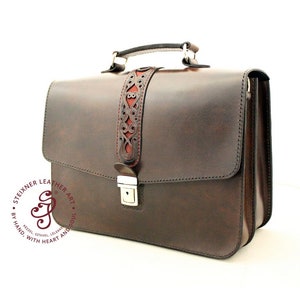 Western tooled leather briefcase bag with top handle