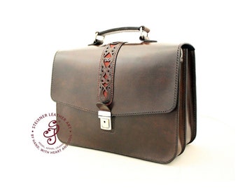Western tooled leather briefcase bag with top handle