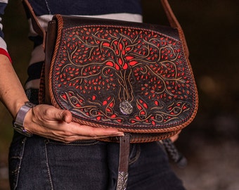 Handmade Genuine Leather Clutch, Tooled Leather Shoulder Bag, Norse Mythology Saddle Bag, 3rd Anniversary Gift, Tree of Life Leather Bag