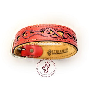 Red Leather Dog Collar with Name, Hand carved Personalized Dog Collar, Custom Dog Collars for Dogs, Puppy Collars, Engraved Dog Collar