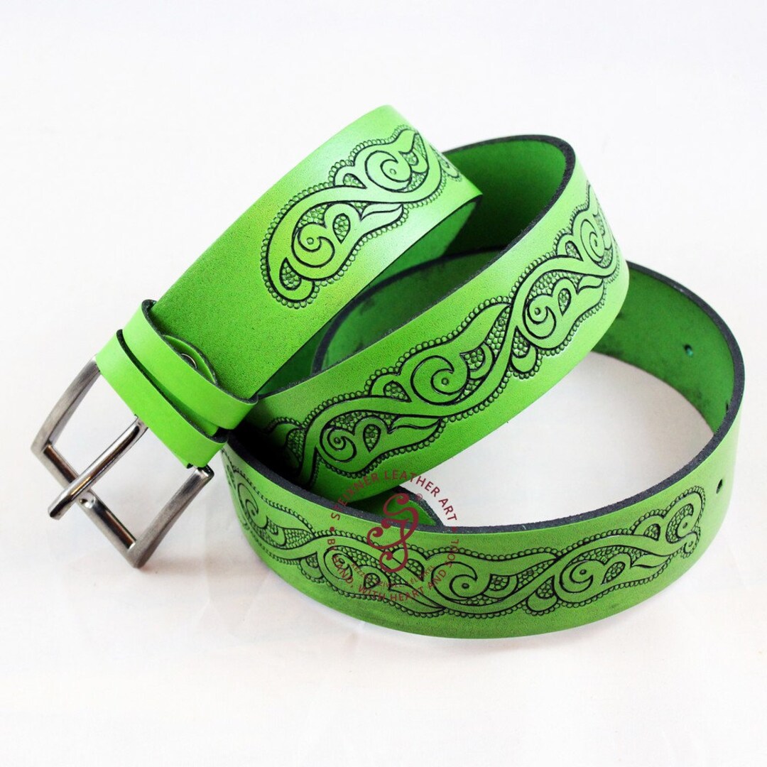 Handmade GREEN Leather Belt/ Engraved Leather Belt With Silvered Belt