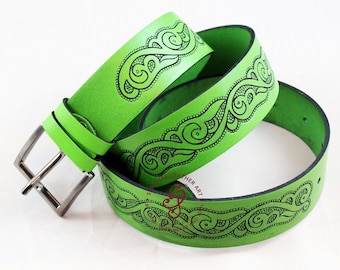 Ceinture en cuir VERT faite à la main/ceinture en cuir gravé avec boucle de ceinture argentée