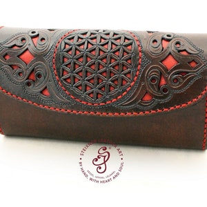 Hand tooled leather wallet woman,Flower of Life Long wallet,Business card holder purse with coin pocket,Personalized wallet for mother&#39;s day