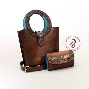 Bolso de mano vintage para mujer con tulipán, hecho a mano, cartera de cuero a juego, bolso de mano de cuero grabado, bolso celta